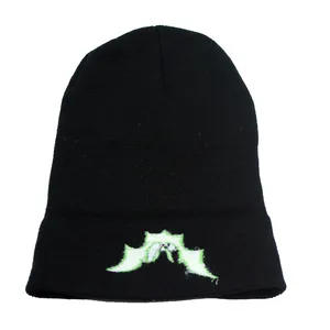 Unisex black knit beanie featuring green bat embroidery for autumn and winter warmth