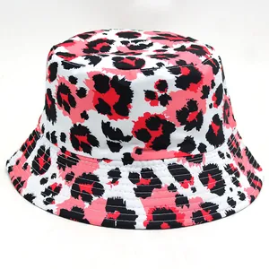 Leopard Print Polyester Bucket Hat Outdoor Sun Protection Shading Wide Brim Casual Fashion Flat Top Fisherman Hat For Men Women