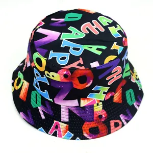 Reversible bucket hat with colorful letter prints on black fabric for outdoor sun protection