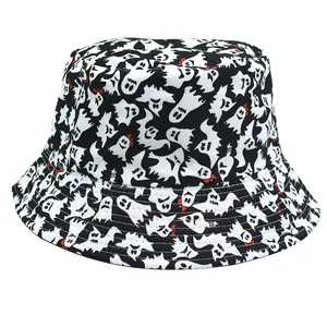 Cappello a Secchiello con Stampa di Fantasmi di Halloween Double Face in Poliestere Protezione Solare Cappello da Pescatore per Uomo Donna