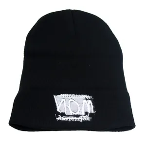 Black knit beanie with white letter embroidery for men and women outdoor winter warmth