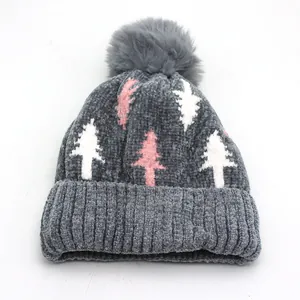 Damen Weihnachtsbaum Jacquard Strickmütze Warm Winter Chenille Kunstfell Bommel Mütze Festlich Weich Häkeln Skull Cap
