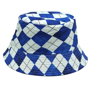 Blue and white plaid reversible bucket hat with reinforced stitched brim for outdoors