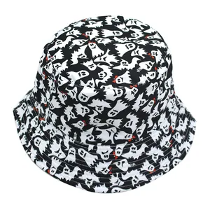 Cappello da pescatore reversibile con stampa di fantasmi di Halloween su cotone nero