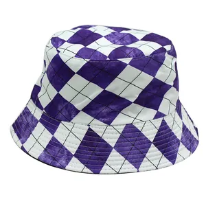 Close-up of purple and white checkered bucket hat with black line grid detail
