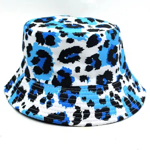 Blue and black leopard print bucket hat with wide brim for sun protection and fashion
