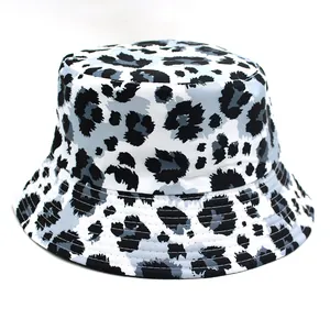 Classic leopard print bucket hat with wide brim in white and grey tones for outdoor sun protection