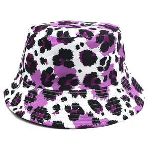 Detail of trendy purple leopard print bucket hat with precise parallel brim stitching