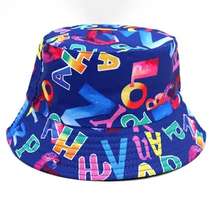 Close-up of high-quality digital printing with colorful letters on a blue bucket hat