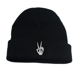 Unisex Skeleton Hand Embroidery Knitted Beanie Hat Winter Warm Acrylic Ribbed Cuff Skull Bone Gesture Outdoor Daily Cap
