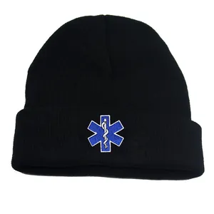 Bonnet en Tricot Chaud d'Hiver pour Femmes Hommes Brodé Étoile de la Vie Symbole Médical Noir Acrylique Skull Cap Accessoire