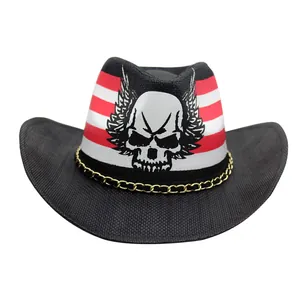 Western Cowboy Straw Hat With Skull Wing Print Red White Stripes Gold Chain Decor For Outdoor Travel Sun Shade Hat