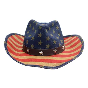 American Flag Straw Cowboy Hat For Men Women Western Stars And Stripes Wide Brim Summer Sun Hat With Star Studs Band