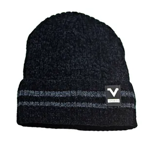 Winter Warm Knit Beanie Hat Men Women Thickened Fleece Lined Sporty Letter Label Striped Cuff Outdoor Cycling Pullover Hat