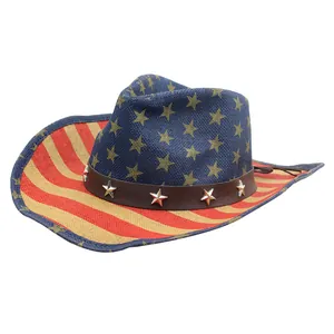Western straw cowboy hat with American flag print, stars and stripes sun protection hat