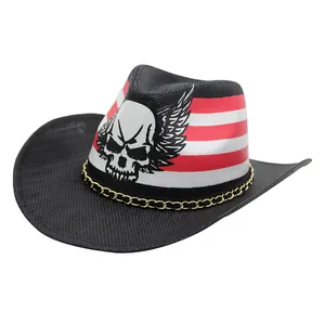 Western black cowboy hat featuring a skull wing print and a golden chain decoration