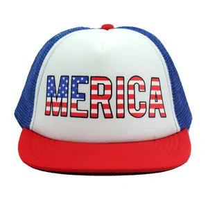 Red white and blue Merica American flag print mesh trucker hat for sun protection
