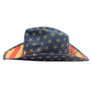 Western straw cowboy hat with US flag pattern and brown leather band with star studs