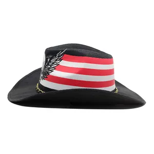 Black western cowboy straw hat with skull wing print and gold chain decoration