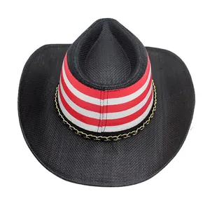Black western cowboy hat featuring red and white stripes with a gold chain decoration