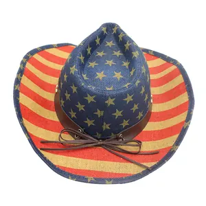 Straw cowboy hat with American flag stars and stripes pattern for sun protection