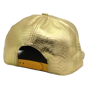 Golden crocodile pattern PU leather flat brim baseball cap with adjustable snapback closure