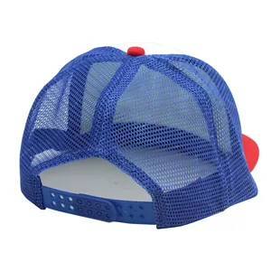 Classic American trucker hat with blue mesh, red accents and adjustable snapback closure