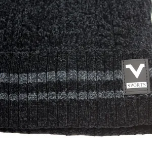 Thick knit winter beanie in black and gray stripe with V SPORTS leather patch detail