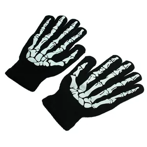 Halloween skeleton bone printed black knit full finger gloves for men and women