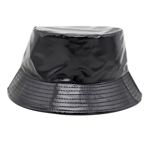 Glossy black PU leather bucket hat with multi-row stitching in retro hip-hop style