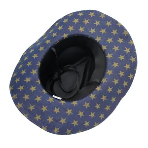 Straw cowboy hat with American flag star pattern and adjustable chin strap