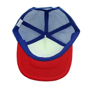 Internal view of patriotic American mesh trucker hat with adjustable blue snap closure