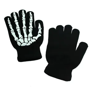 Halloween skeleton bone print black knitted gloves for men and women street style