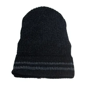 Winter thermal knit beanie hat in black with gray stripes and thick fleece lining for warmth