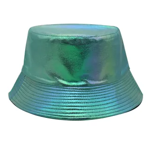 Detail of holographic green PU leather bucket hat with metallic texture and stitched brim