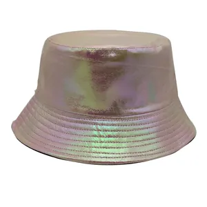 Detail of laser pink PU leather bucket hat showing holographic texture and reinforced stitching