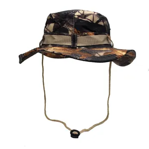 Outdoor jungle camo boonie hat with wide brim and adjustable chin strap for sun protection