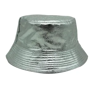 Detailed view of silver PU leather bucket hat with cracked texture and reinforced stitching