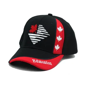 Dettaglio ricamo foglia d'acero canadese e scritta Edmonton su cappello da baseball sportivo