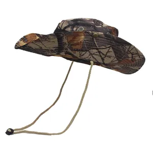Outdoor camouflage boonie hat with wide brim and adjustable chin strap for hiking and fishing
