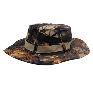 Detail view of tactical camo boonie hat with side loops and metal breathable eyelets