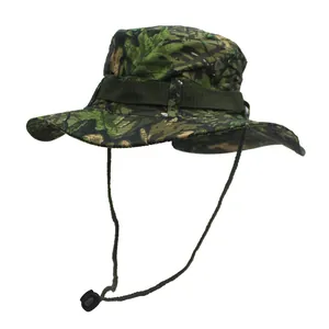 Detail of outdoor camo boonie hat with ventilation eyelets and adjustable chin strap