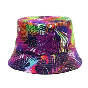 Tropical Palm Leaf Print Cotton Bucket Hat For Men Women Outdoor Sun Protection Breathable Casual Vacation Beach Sun Hat