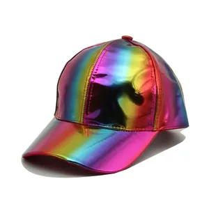 Iridescent rainbow laser baseball cap with a shiny metallic finish and classic structure