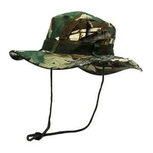 Outdoor camouflage boonie hat with wide brim and adjustable chin strap for sun protection