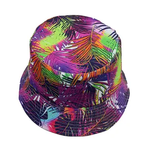 Unisex sun bucket hat with colorful tropical leaf print for outdoor casual wear
