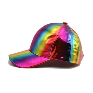 Rainbow metallic PU leather baseball cap with a shiny holographic gradient finish