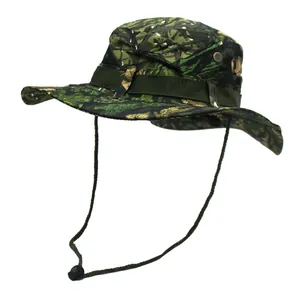 Close-up of camouflage tactical boonie hat with adjustable chin strap and vent holes