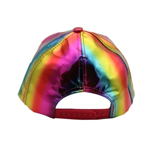 Rainbow gradient PU leather baseball cap with adjustable snapback closure shown from back