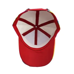 Internal view of a fashion laser PU rainbow baseball cap with red panels and white lining
